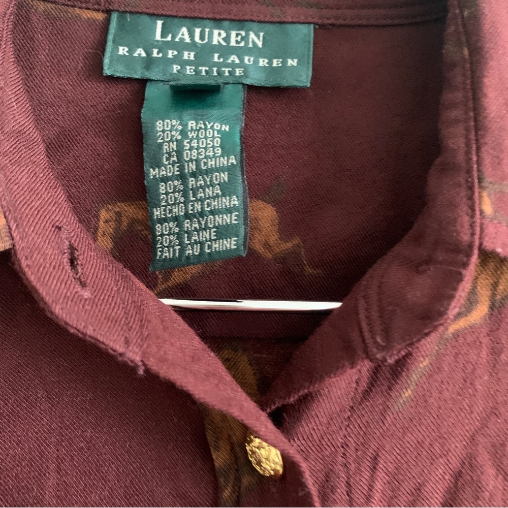 LAUREN RALPH LAUREN horse riding equestrian print burgundy buttons shirt top S - Picture 5 of 7